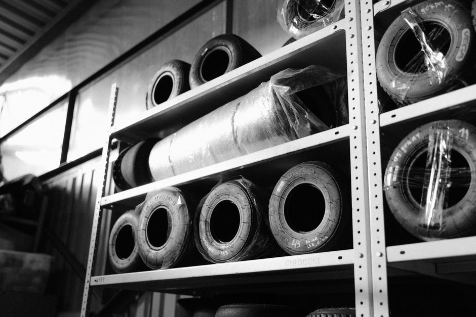 Organized racks of seasonal tires in a secure storage facility